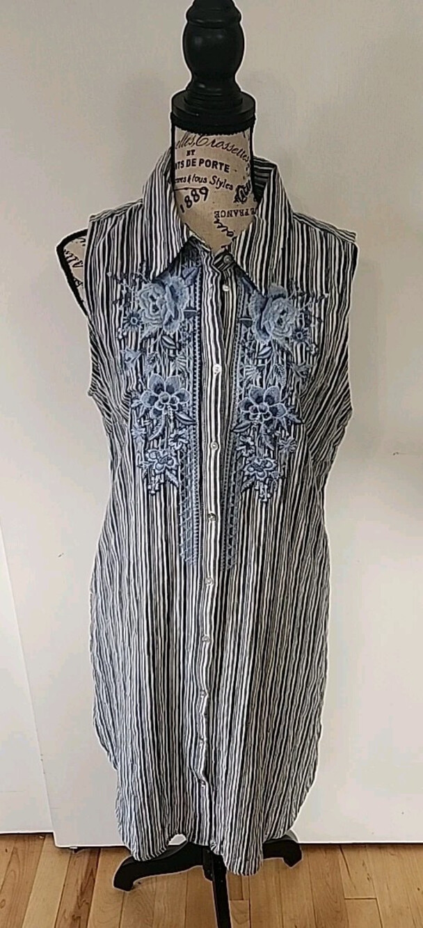Paparazzi Embroidered Stripe sleeveless shirt dress pockets button up Sz L